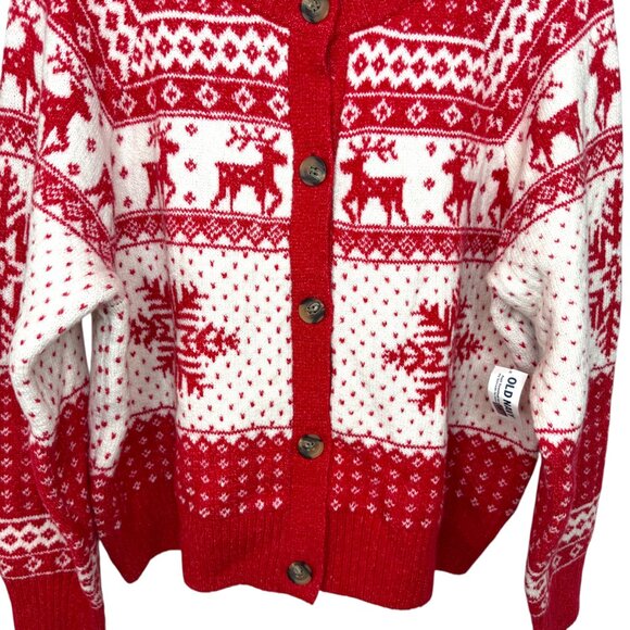 Old Navy red & white reindeer & snowflakes sweater button front Size XL - Picture 7 of 15